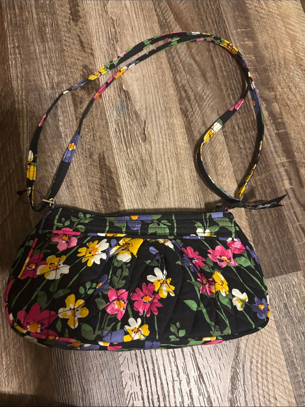 Vera Bradley Black Quilted Crossbody with Pink, Yellow & Purple Floral Print